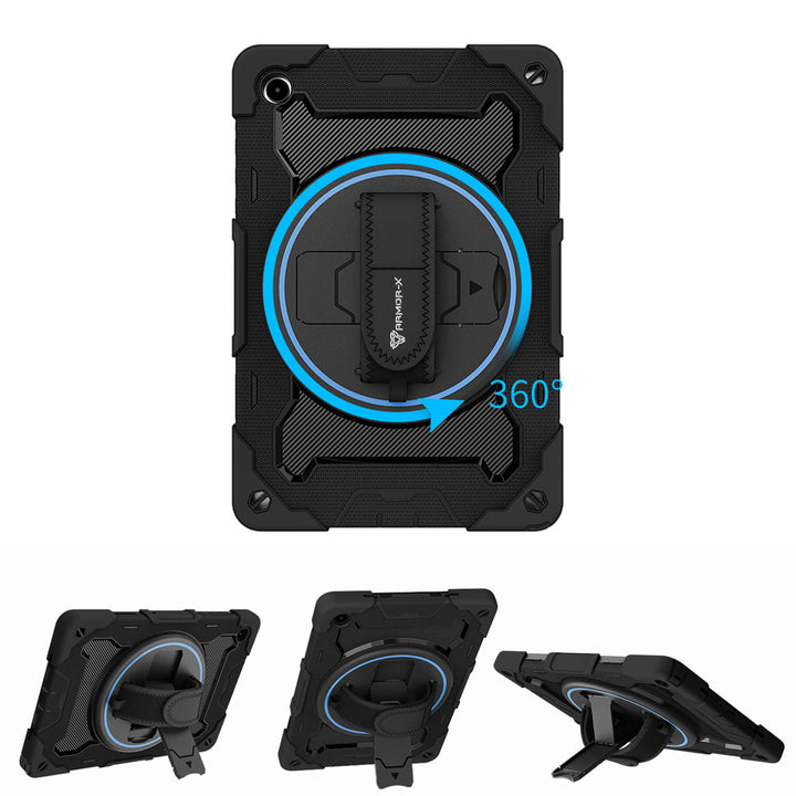ARMOR-X Samsung Galaxy Tab A11+ A11 Plus ( 11" ) SM-X230 / SM-X235 / SM-X236 / SM-X238 shockproof case, impact protection cover with hand strap and kick stand, with 360 degree rotation hand strap design. Hand free typing, drawing, video watching.