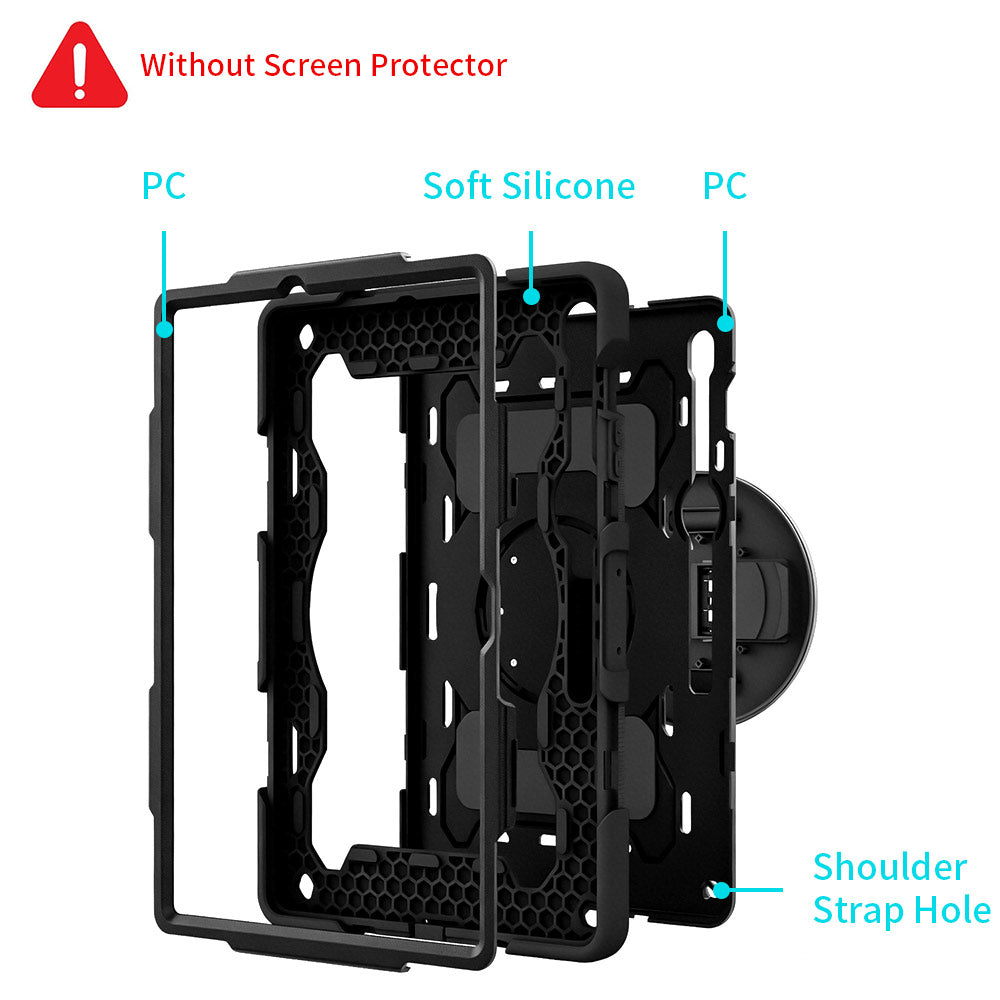 ARMOR-X Samsung Galaxy Tab S10 FE+ S10 FE Plus SM-X620 X626 X628 shockproof case, impact protection cover with hand strap and kick stand. Ultra 3 layers impact resistant design.