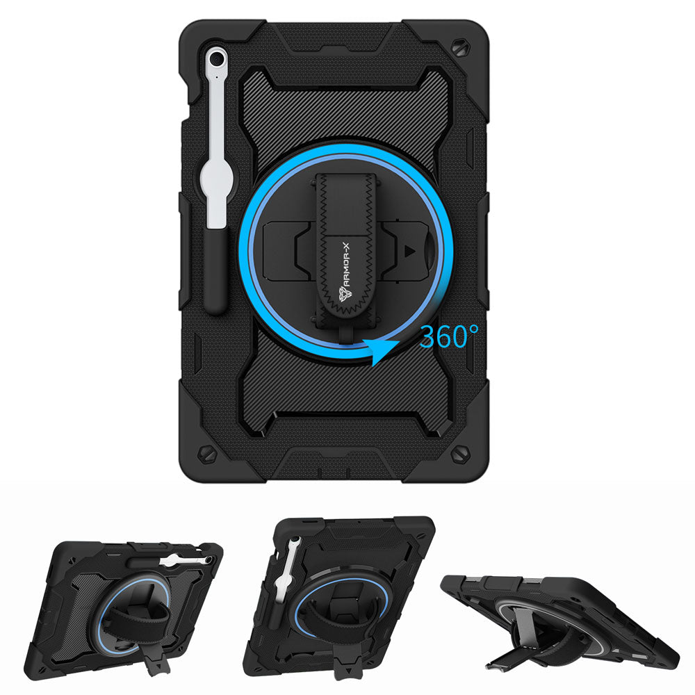 ARMOR-X Samsung Galaxy Tab S10 FE+ S10 FE Plus SM-X620 X626 X628 shockproof case, impact protection cover with hand strap and kick stand, with 360 degree rotation hand strap design. Hand free typing, drawing, video watching.