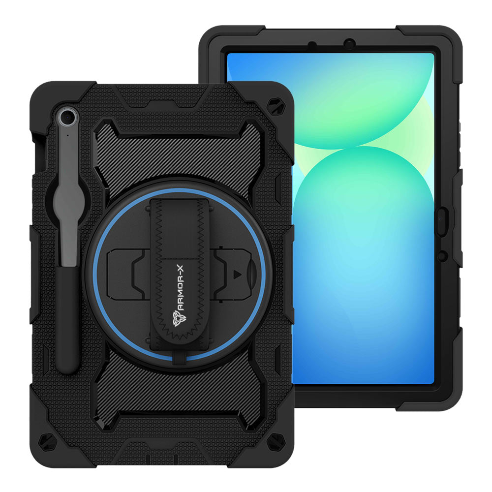 ARMOR-X Samsung Galaxy Tab S10 FE SM-X520 X526 X528 / S10 Lite SM-X400 X406 shockproof case, impact protection cover with hand strap and kick stand. One-handed design for your workplace.