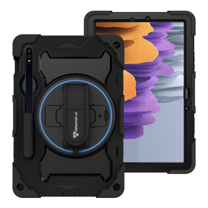 ARMOR-X Samsung Galaxy Tab S7 SM-T870 / SM-T875 / SM-T876B shockproof case, impact protection cover with hand strap and kick stand. One-handed design for your workplace.