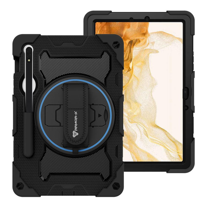 ARMOR-X Samsung Galaxy Tab S8 SM-X700 / SM-X706 shockproof case, impact protection cover with hand strap and kick stand. One-handed design for your workplace.