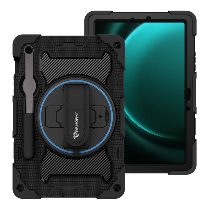 ARMOR-X Samsung Galaxy Tab S9 FE SM-X510 X516 X518 shockproof case, impact protection cover with hand strap and kick stand. One-handed design for your workplace.