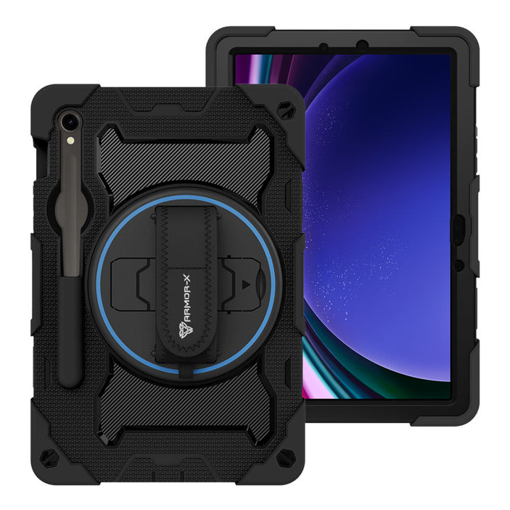 ARMOR-X Samsung Galaxy Tab S9 SM-X710 / X716 / X718 shockproof case, impact protection cover with hand strap and kick stand. One-handed design for your workplace.