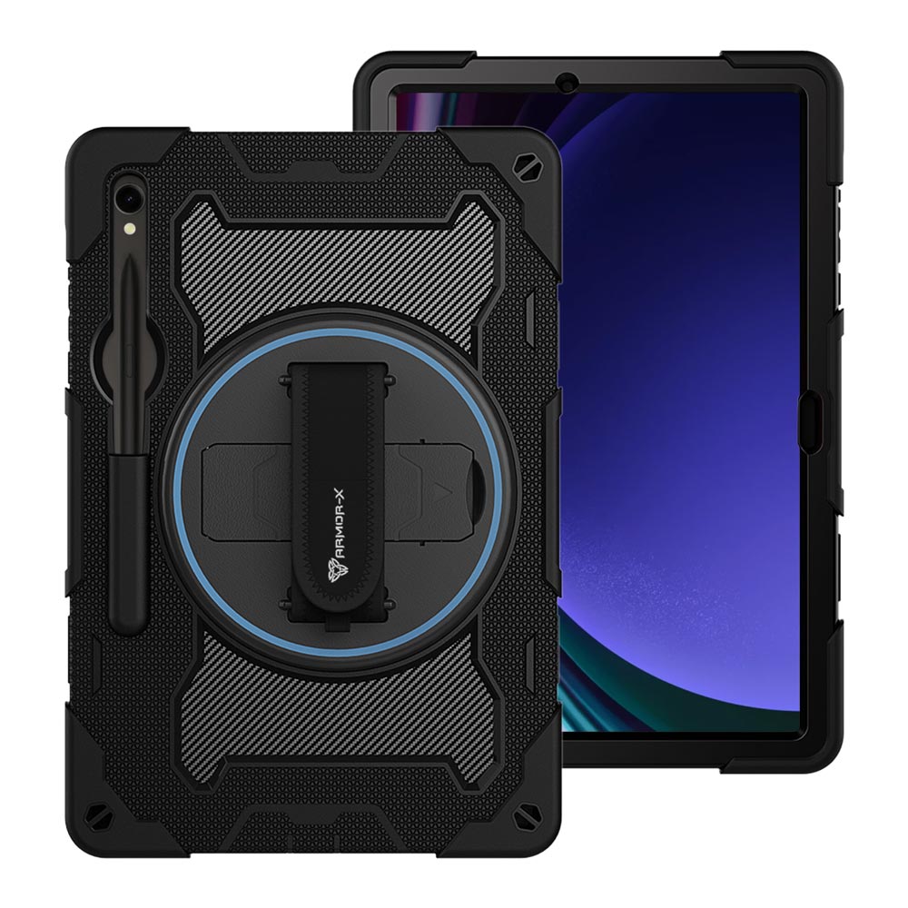 ARMOR-X Samsung Galaxy Tab S9 SM-X710 / X716 / X718 shockproof case, impact protection cover with hand strap and kick stand. One-handed design for your workplace.