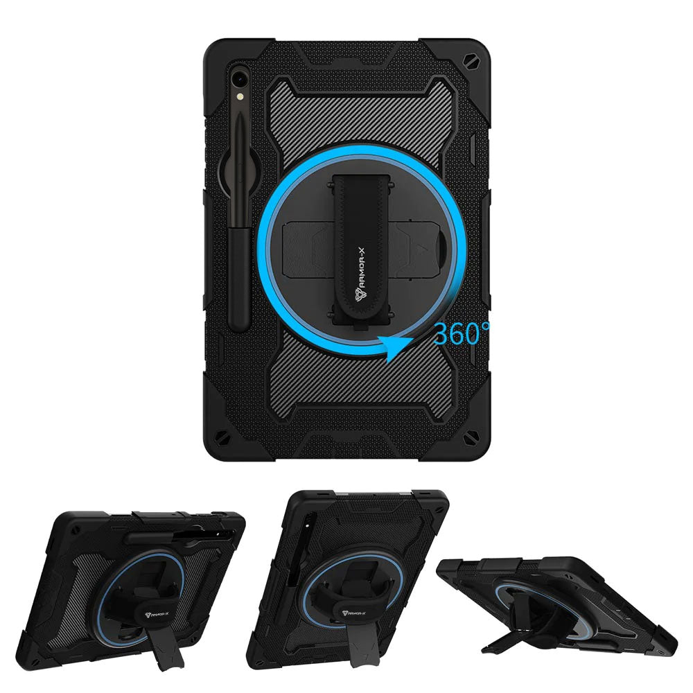 ARMOR-X Samsung Galaxy Tab S9 SM-X710 / X716 / X718 shockproof case, impact protection cover with hand strap and kick stand, with 360 degree rotation hand strap design. Hand free typing, drawing, video watching.