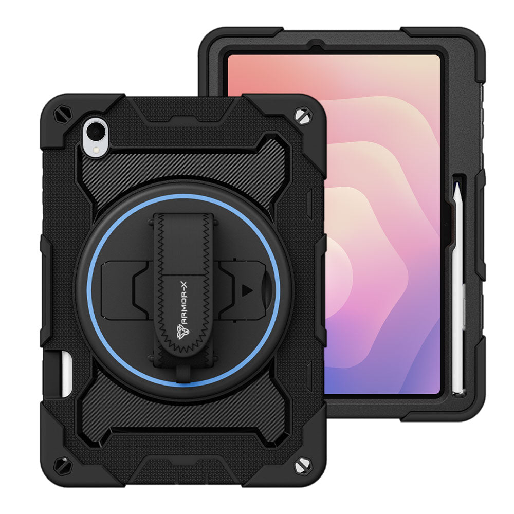 ARMOR-X Samsung Galaxy Tab S11 SM-X730 / X736 / X738 shockproof case, impact protection cover with hand strap and kick stand. One-handed design for your workplace.