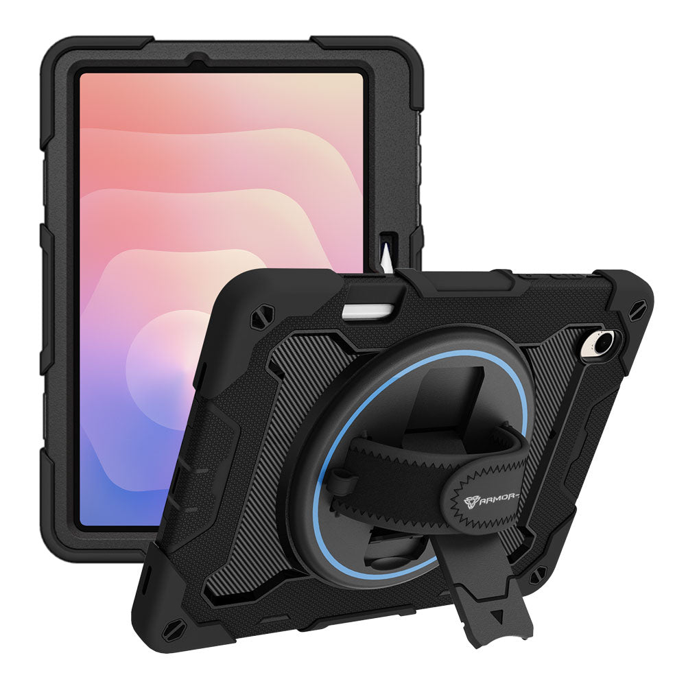 ARMOR-X Samsung Galaxy Tab S11 SM-X730 / X736 / X738 shockproof case, impact protection cover with hand strap and kick stand. One-handed design for your workplace.
