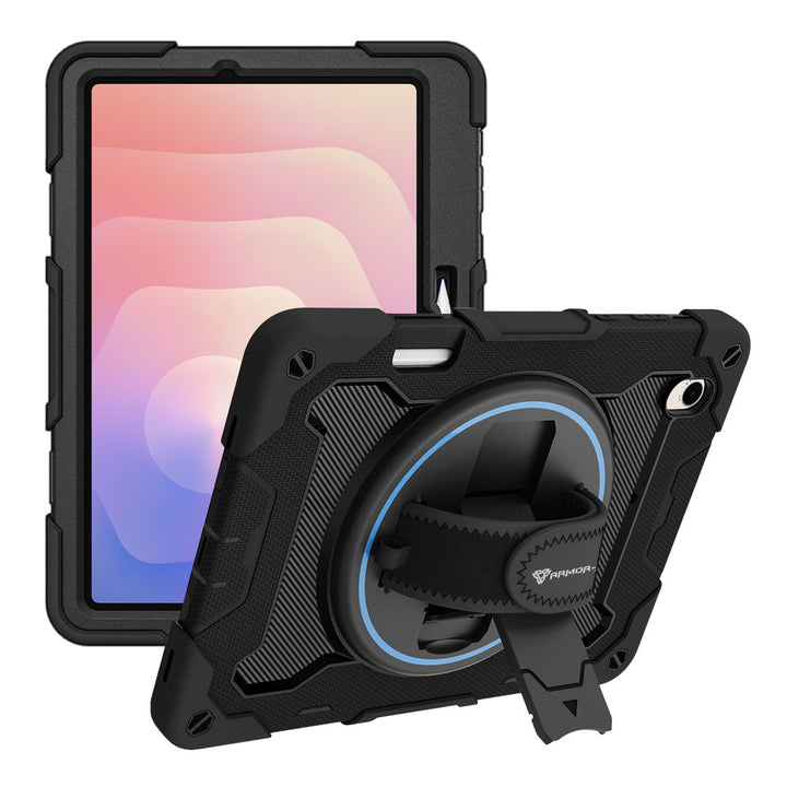 ARMOR-X Samsung Galaxy Tab S11 SM-X730 / X736 / X738 shockproof case, impact protection cover with hand strap and kick stand. One-handed design for your workplace.