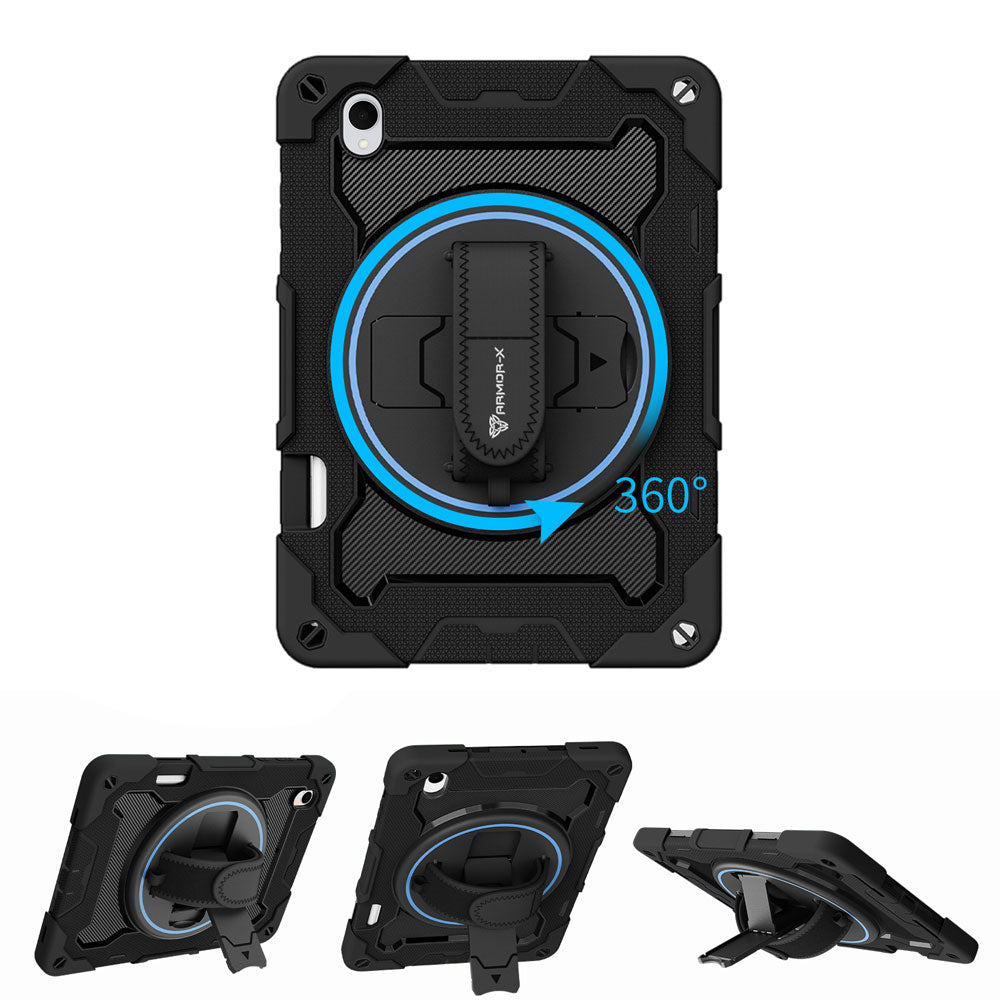 ARMOR-X Samsung Galaxy Tab S11 SM-X730 / X736 / X738 shockproof case, impact protection cover with hand strap and kick stand, with 360 degree rotation hand strap design. Hand free typing, drawing, video watching.