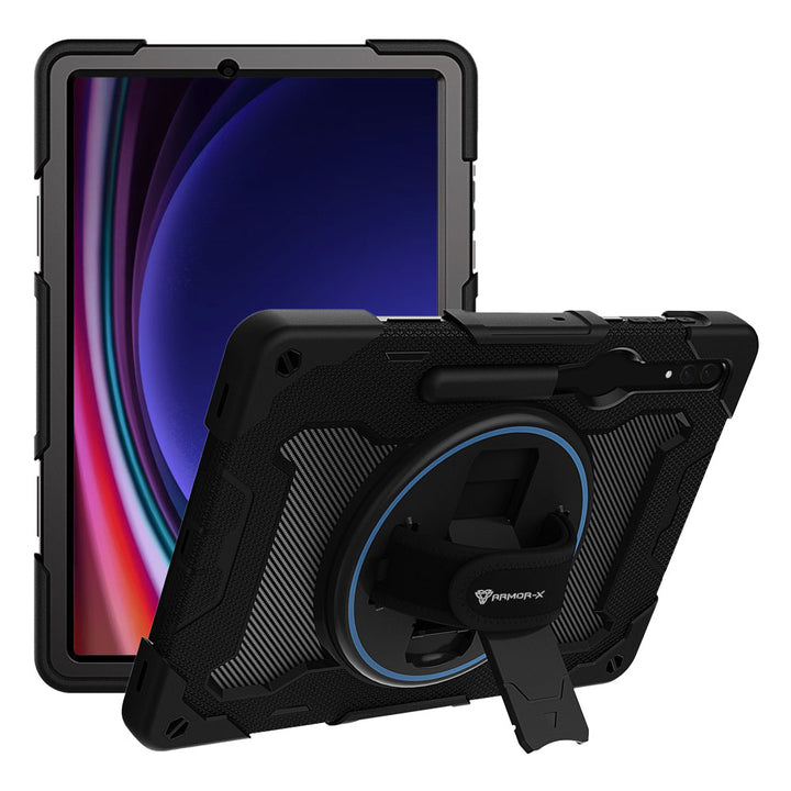 ARMOR-X Samsung Galaxy Tab S9+ S9 Plus SM-X810 / X816 / X818 shockproof case, impact protection cover with hand strap and kick stand. One-handed design for your workplace.