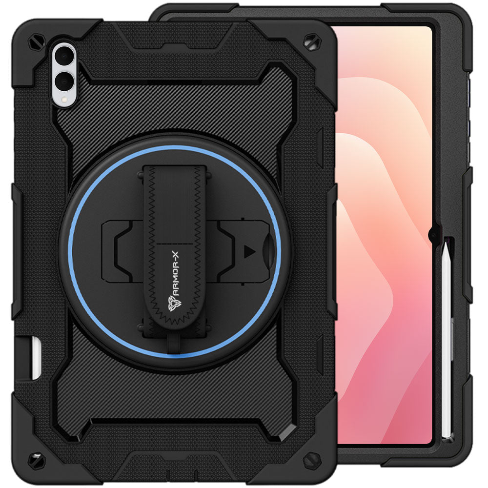 ARMOR-X Samsung Galaxy Tab S11 Ultra SM-X930 / X936 shockproof case, impact protection cover with hand strap and kick stand. One-handed design for your workplace.