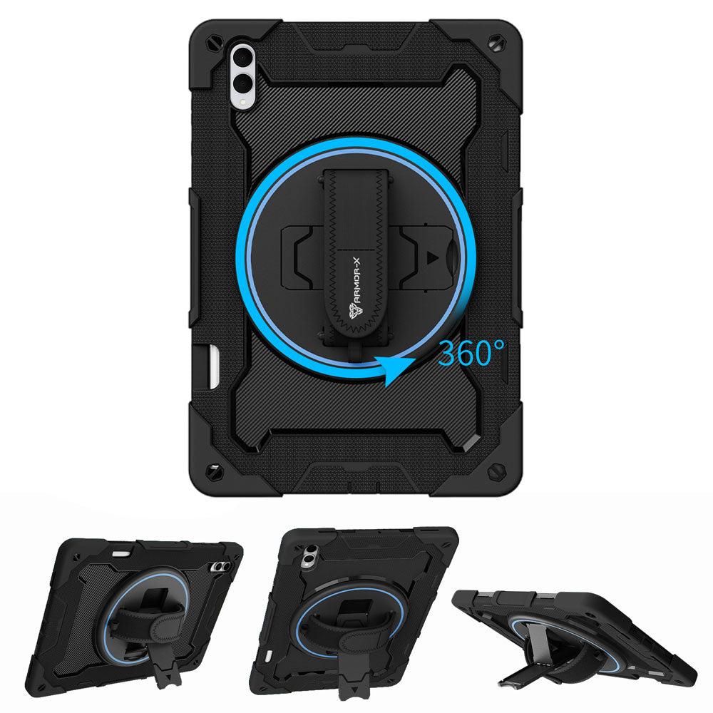 ARMOR-X Samsung Galaxy Tab S11 Ultra SM-X930 / X936 shockproof case, impact protection cover with hand strap and kick stand, with 360 degree rotation hand strap design. Hand free typing, drawing, video watching.