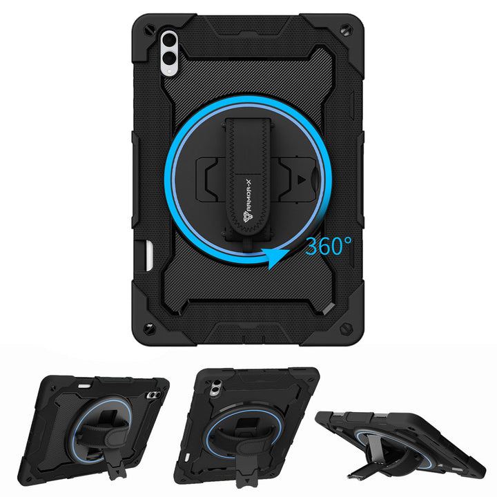 ARMOR-X Samsung Galaxy Tab S11 Ultra SM-X930 / X936 shockproof case, impact protection cover with hand strap and kick stand, with 360 degree rotation hand strap design. Hand free typing, drawing, video watching.