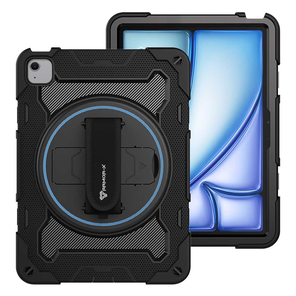 ARMOR-X iPad Air Air 11 ( M2 ) shockproof case, impact protection cover with hand strap and kick stand. One-handed design for your workplace.