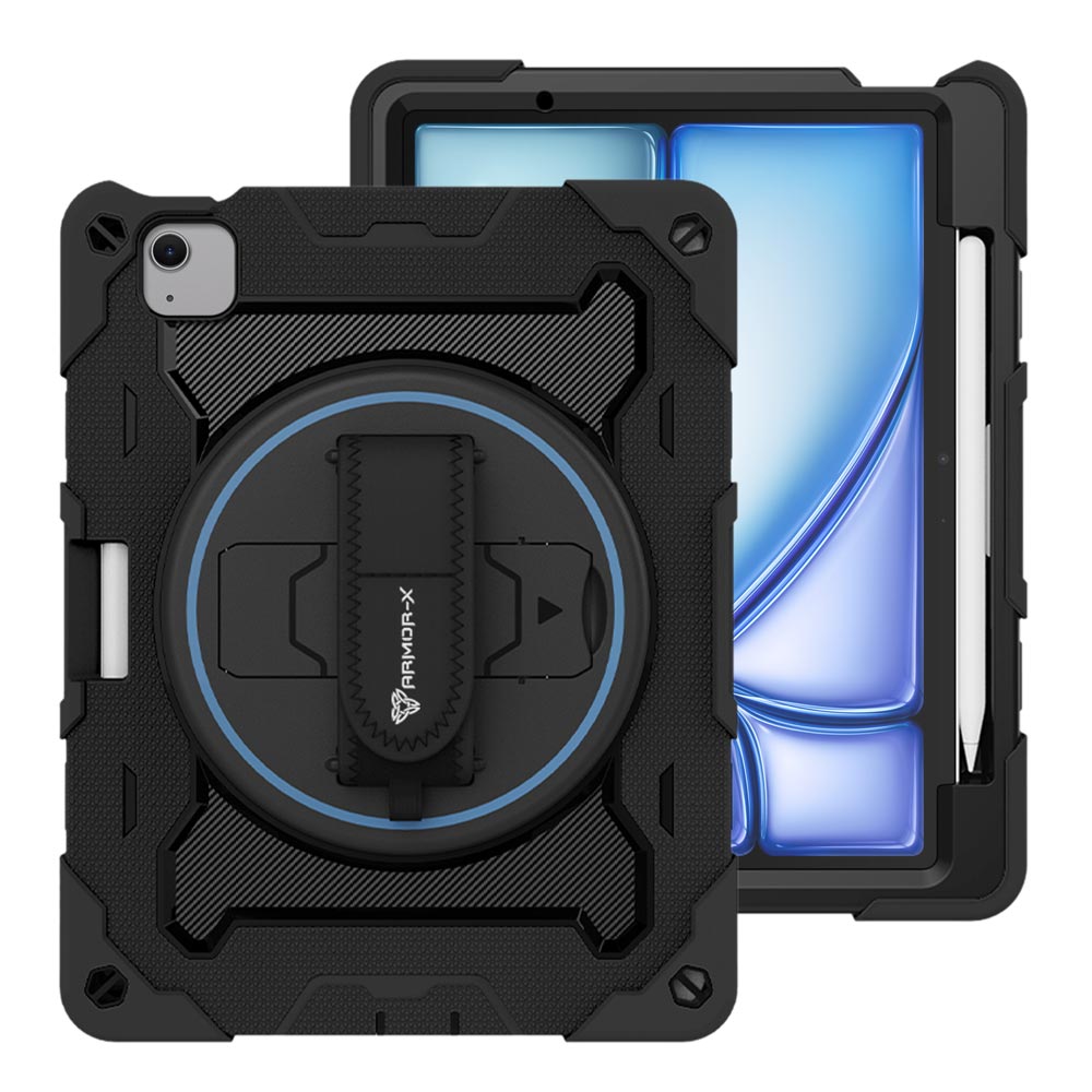 ARMOR-X iPad Air 11 (M2) / (M3) shockproof case, impact protection cover with hand strap and kick stand. One-handed design for your workplace.