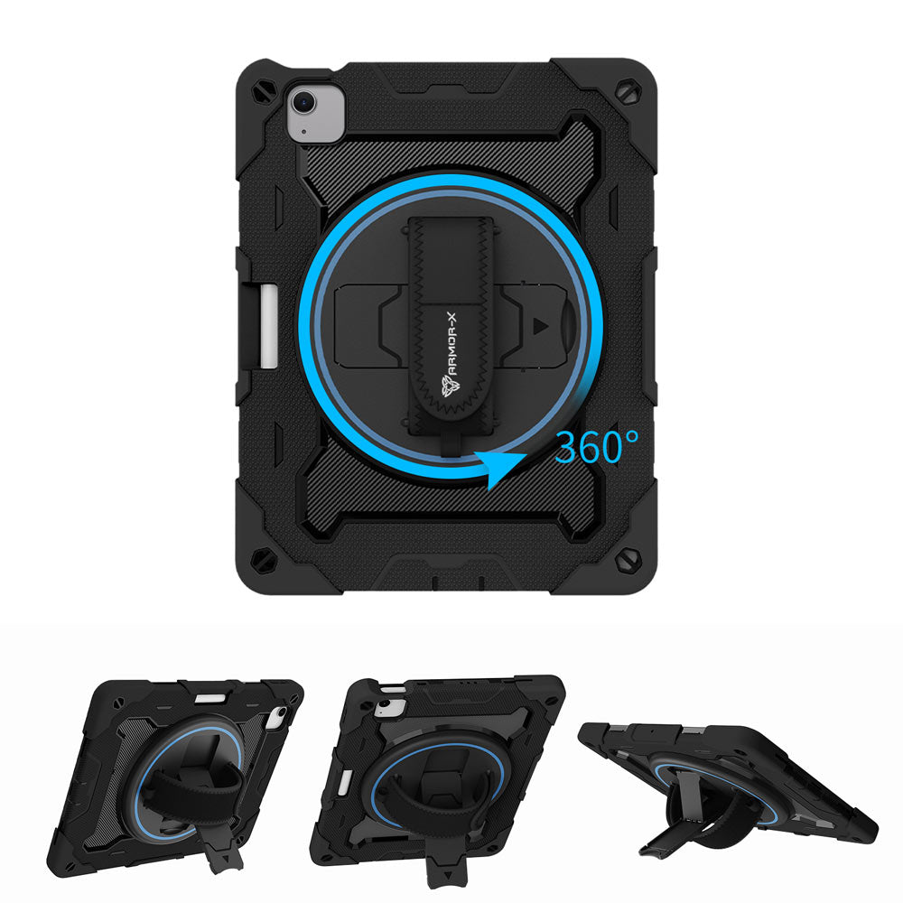 ARMOR-X iPad Air 11 (M2) / (M3) shockproof case, impact protection cover with hand strap and kick stand, with 360 degree rotation hand strap design. Hand free typing, drawing, video watching.
