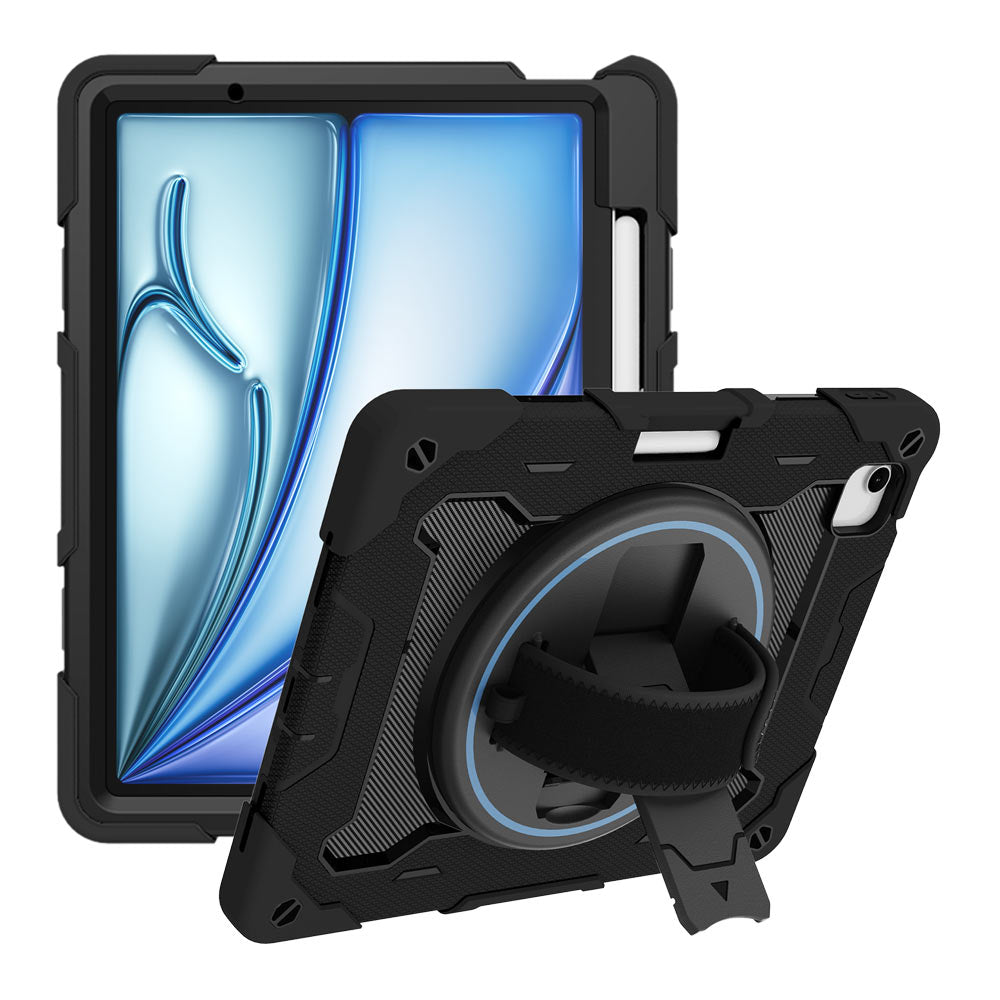 ARMOR-X iPad Air 11 (M2) / (M3) shockproof case, impact protection cover with hand strap and kick stand. One-handed design for your workplace.