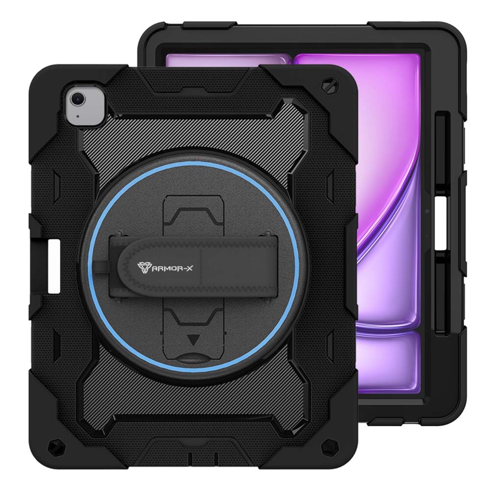 ARMOR-X iPad Pro 13 ( M4 ) shockproof case, impact protection cover with hand strap and kick stand. One-handed design for your workplace.