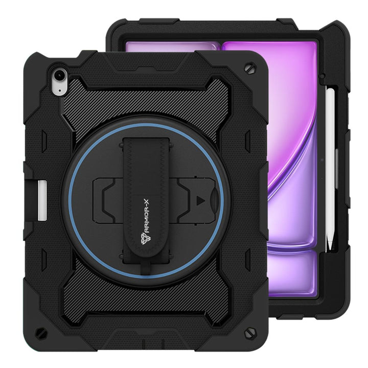 ARMOR-X iPad Air 13 (M2) / (M3) shockproof case, impact protection cover with hand strap and kick stand. One-handed design for your workplace.