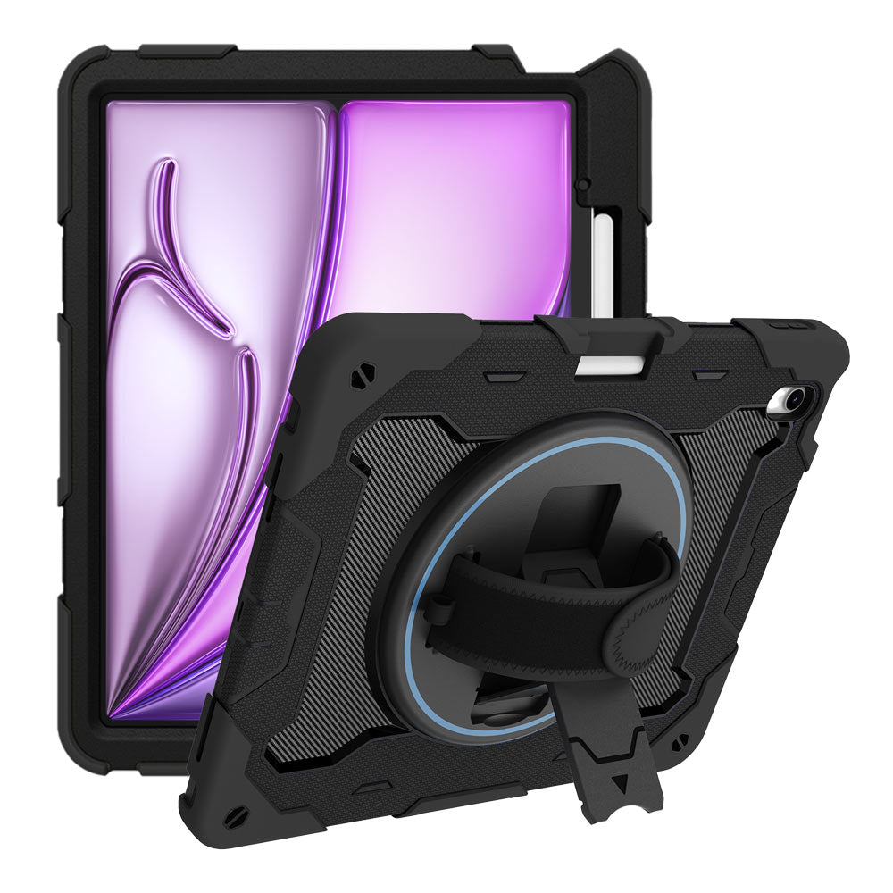 ARMOR-X iPad Air 13 (M2) / (M3) shockproof case, impact protection cover with hand strap and kick stand. One-handed design for your workplace.