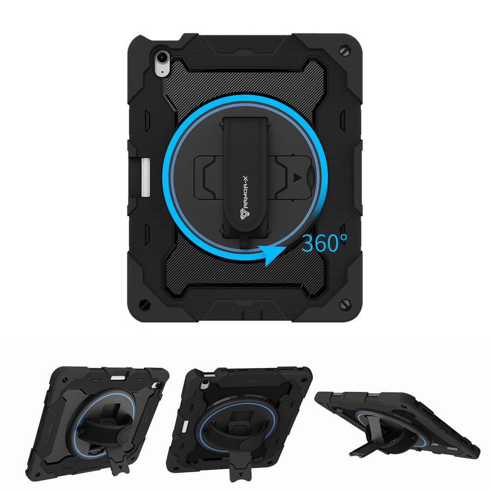ARMOR-X iPad Air 13 (M2) / (M3) shockproof case, impact protection cover with hand strap and kick stand, with 360 degree rotation hand strap design. Hand free typing, drawing, video watching.