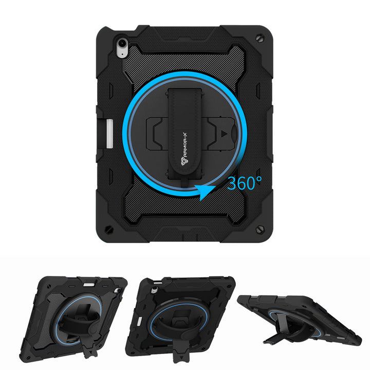 ARMOR-X iPad Air 13 (M2) / (M3) shockproof case, impact protection cover with hand strap and kick stand, with 360 degree rotation hand strap design. Hand free typing, drawing, video watching.