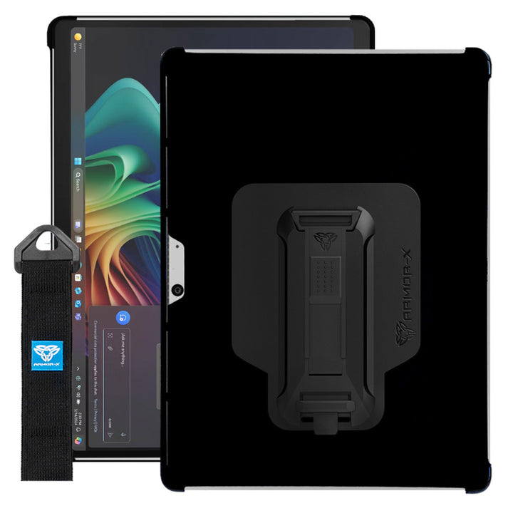 ARMOR-X Microsoft Surface Pro 13-inch Copilot+ PC protective case with hand strap & X-mount support smart keyboard.