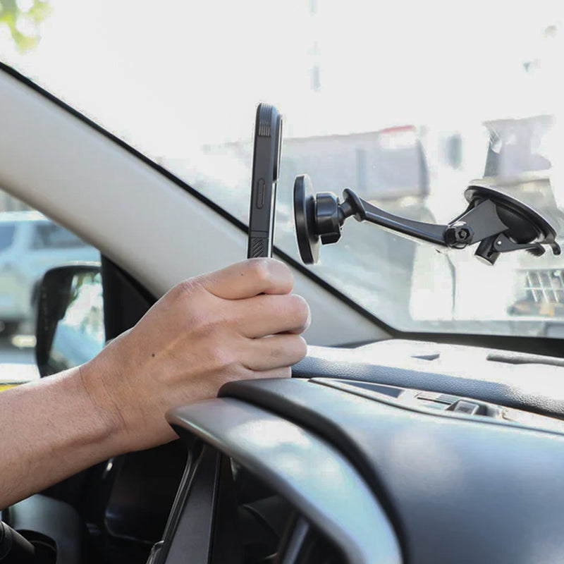 ARMOR-X Rugged iPhone Case and MagSafe Car Mount installed in truck cabin for ELD use