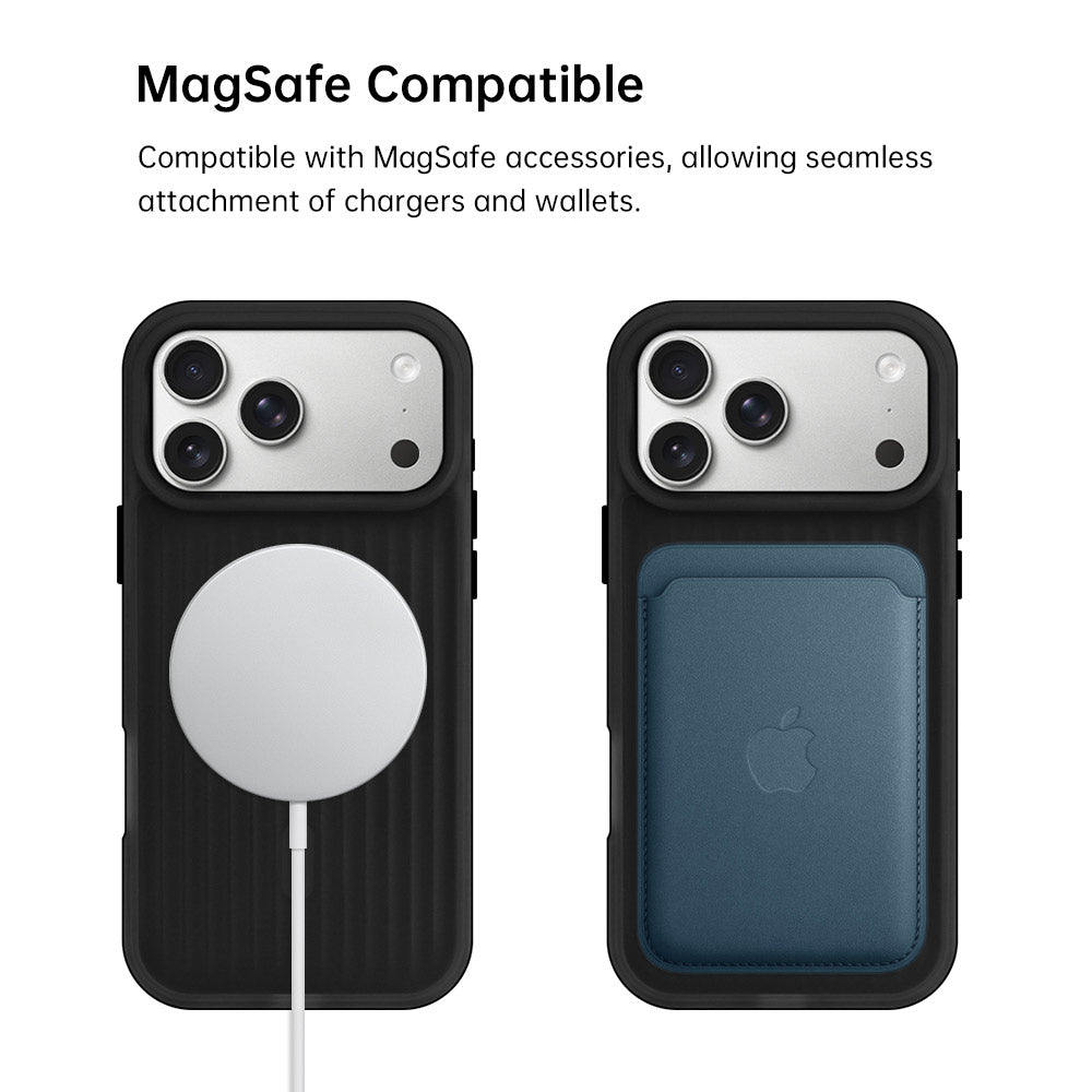 ARMOR-X iPhone 17 Pro Max case with MagSafe. Built-in magnetic ring aligns precisely with MagSafe chargers and accessories for a secure connection and stable wireless charging without removing the case.