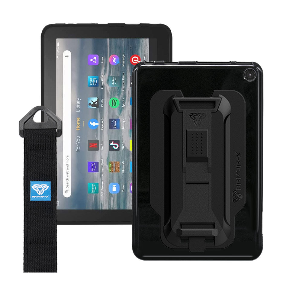ARMOR-X Amazon Fire 7 2022 shockproof case, impact protection cover with hand strap and kick stand. One-handed design for your workplace.