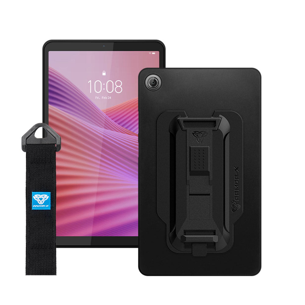 ARMOR-X Lenovo Tab K9 / Lenovo Tab One TB305 shockproof case, impact protection cover with hand strap and kick stand. One-handed design for your workplace.
