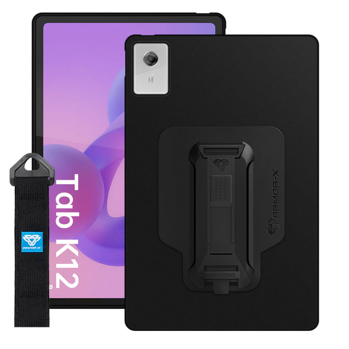 ARMOR-X Lenovo Tab K12 TB361 / Lenovo Idea Tab Plus ( 12.1" TB361 ) shockproof case, impact protection cover with hand strap and kick stand. One-handed design for your workplace.