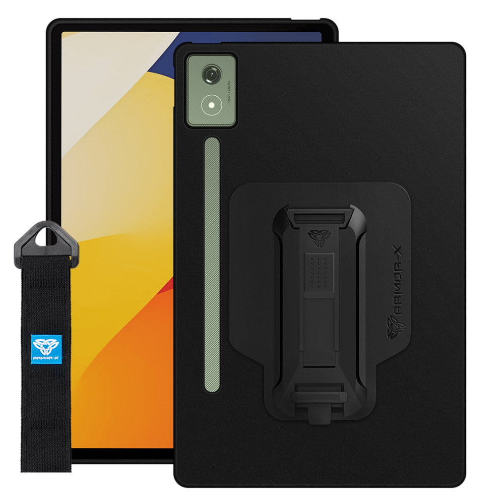 ARMOR-X Motorola Moto Pad 60 Pro shockproof case, impact protection cover with hand strap and kick stand. One-handed design for your workplace.