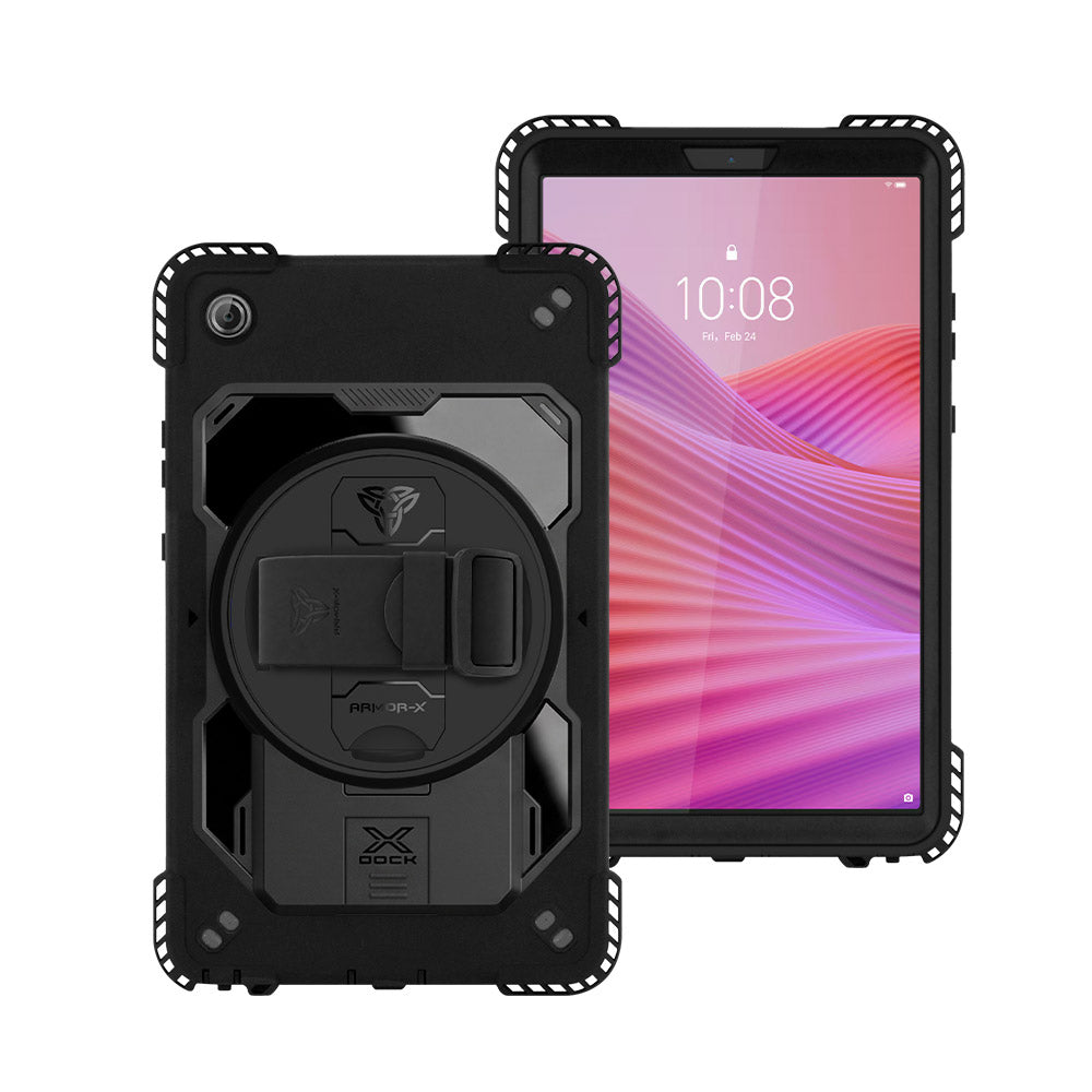 ARMOR-X Lenovo Tab K9 / Lenovo Tab One TB305 Healthcare-ready medical-grade rugged case with disinfection-ready construction, MIL-STD-810H drop protection, rainproof design, silicone hand strap, kickstand, and X-DOCK modular ecosystem for clinical workflows.