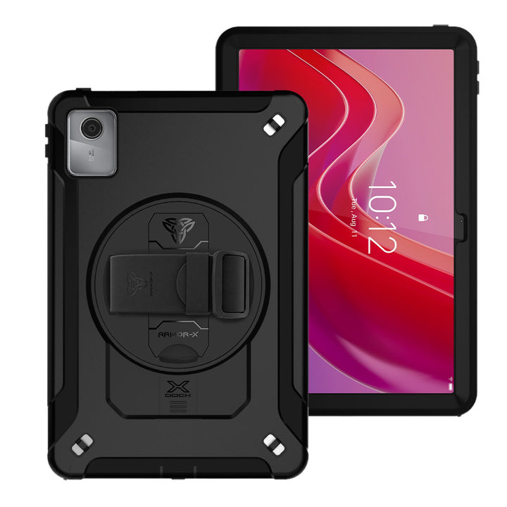 ARMOR-X Lenovo Tab M11 / K11 TB330 Healthcare-ready medical-grade rugged case with disinfection-ready construction, MIL-STD-810H drop protection, rainproof design, silicone hand strap, kickstand, and X-DOCK modular ecosystem for clinical workflows.