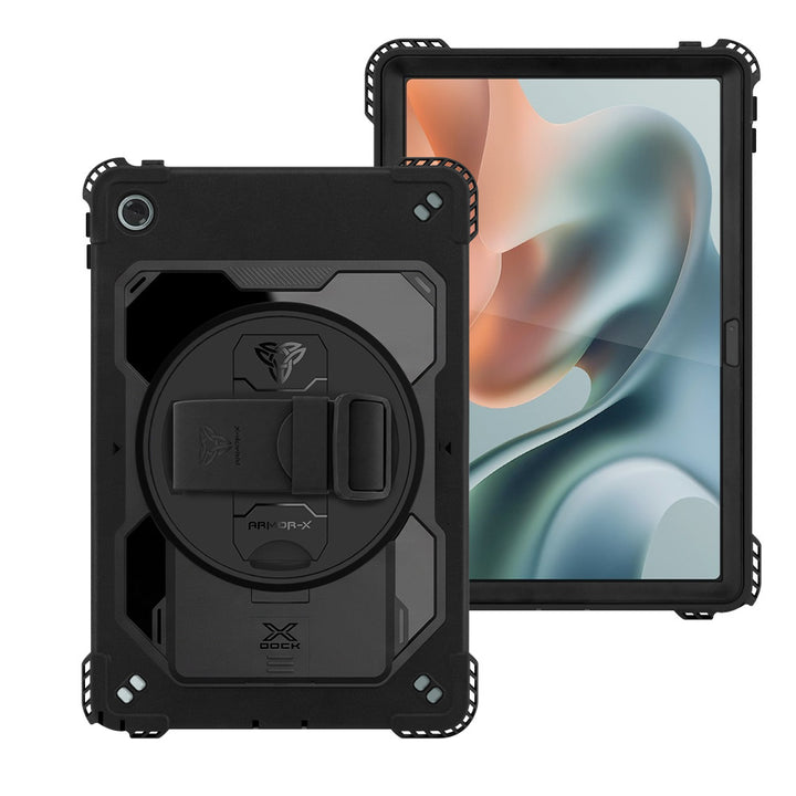 ARMOR-X Motorola Moto Pad 60 Lite Healthcare-ready medical-grade rugged case with disinfection-ready construction, MIL-STD-810H drop protection, rainproof design, silicone hand strap, kickstand, and X-DOCK modular ecosystem for clinical workflows.
