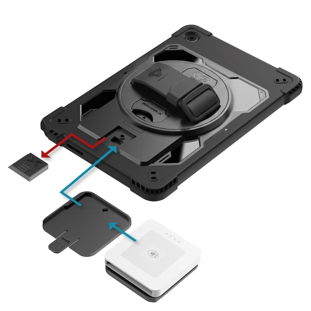 ARMOR-X case with X-DOCK Modular Eco-System. Whether you need a card reader, portable printer, HDMI or Lan connection, extra battery life or additional storage, you can select and attach the modules that best suit your workflow.
