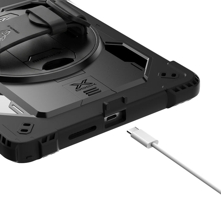 ARMOR-X Motorola Moto Pad 60 Lite Healthcare-ready medical-grade rugged case with disinfection-ready construction, MIL-STD-810H drop protection, rainproof design, silicone hand strap, kickstand, and X-DOCK modular ecosystem for clinical workflows.