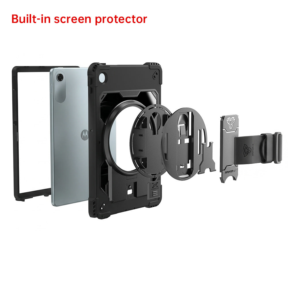 ARMOR-X Motorola Moto Pad 60 Lite Healthcare-ready medical-grade rugged case with disinfection-ready construction, MIL-STD-810H drop protection, rainproof design, silicone hand strap, kickstand, and X-DOCK modular ecosystem for clinical workflows.