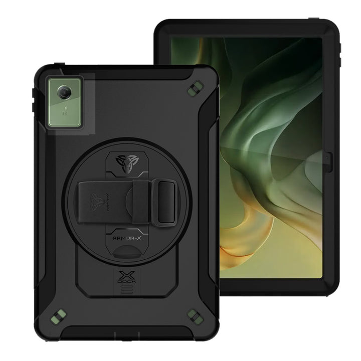 ARMOR-X Motorola Moto Pad (2026) / Moto Pad 60 Neo Healthcare-ready medical-grade rugged case with disinfection-ready construction, MIL-STD-810H drop protection, rainproof design, silicone hand strap, kickstand, and X-DOCK modular ecosystem for clinical workflows.