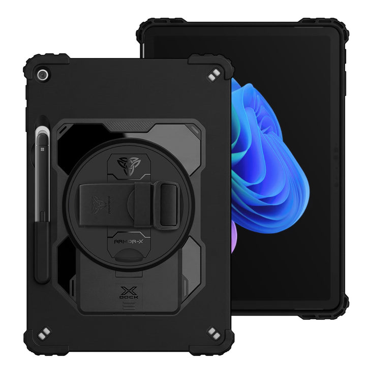 ARMOR-X Microsoft Surface Pro 12-inch Copilot+ PC Healthcare-ready medical-grade rugged case with disinfection-ready construction, MIL-STD-810H drop protection, silicone hand strap, kickstand, and X-DOCK modular ecosystem for clinical workflows.