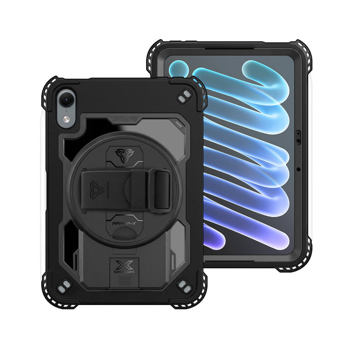 ARMOR-X iPad mini (A20 Pro) Healthcare-ready medical-grade rugged case with disinfection-ready construction, MIL-STD-810H drop protection, rainproof design, silicone hand strap, kickstand, and X-DOCK modular ecosystem for clinical workflows.