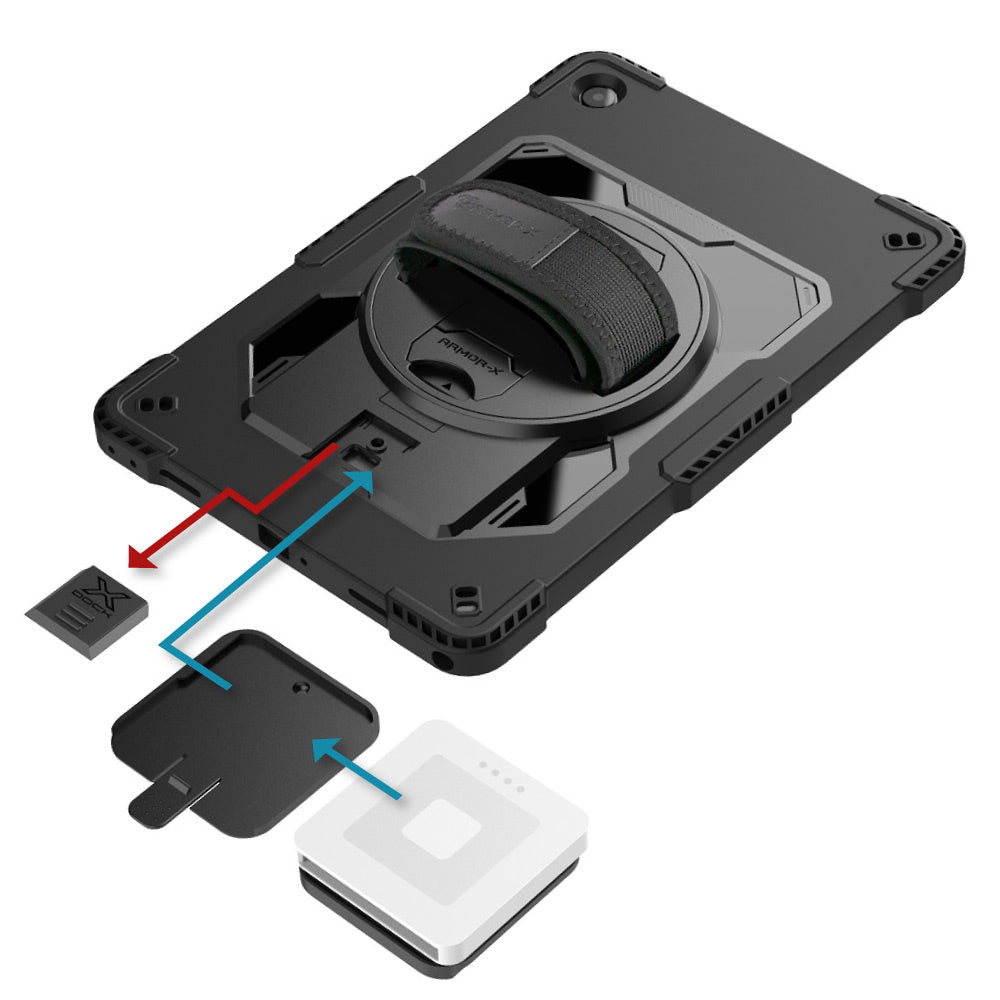 ARMOR-X Samsung Galaxy Tab case. Whether you need a card reader, portable printer, HDMI or Lan connection, extra battery life or additional storage, you can select and attach the modules that best suit your workflow.