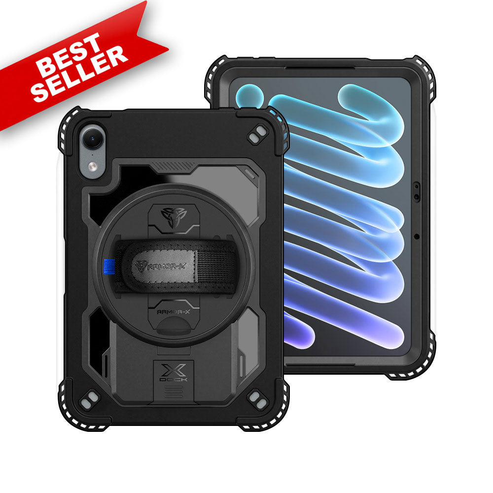 ARMOR-X iPad mini (A20 Pro) shockproof case, impact protection cover with hand strap and kick stand.