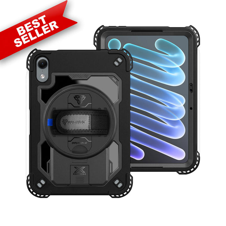 ARMOR-X iPad mini (A20 Pro) shockproof case, impact protection cover with hand strap and kick stand.