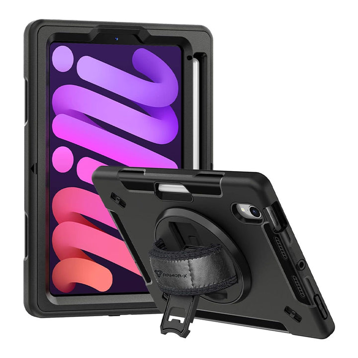 RIN-iPad-M6 | iPad Mini 6 | Rainproof military grade rugged case with hand strap and kick-stand Supports Apple Pencil Wireless Charging