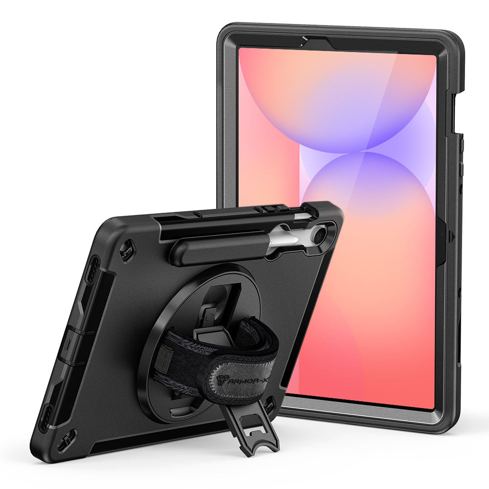 ARMOR-X Samsung Galaxy Tab S10 FE SM-X520 X526 X528 / S10 Lite SM-X400 X406 shockproof case, impact protection cover with hand strap and kick stand. One-handed design for your workplace.