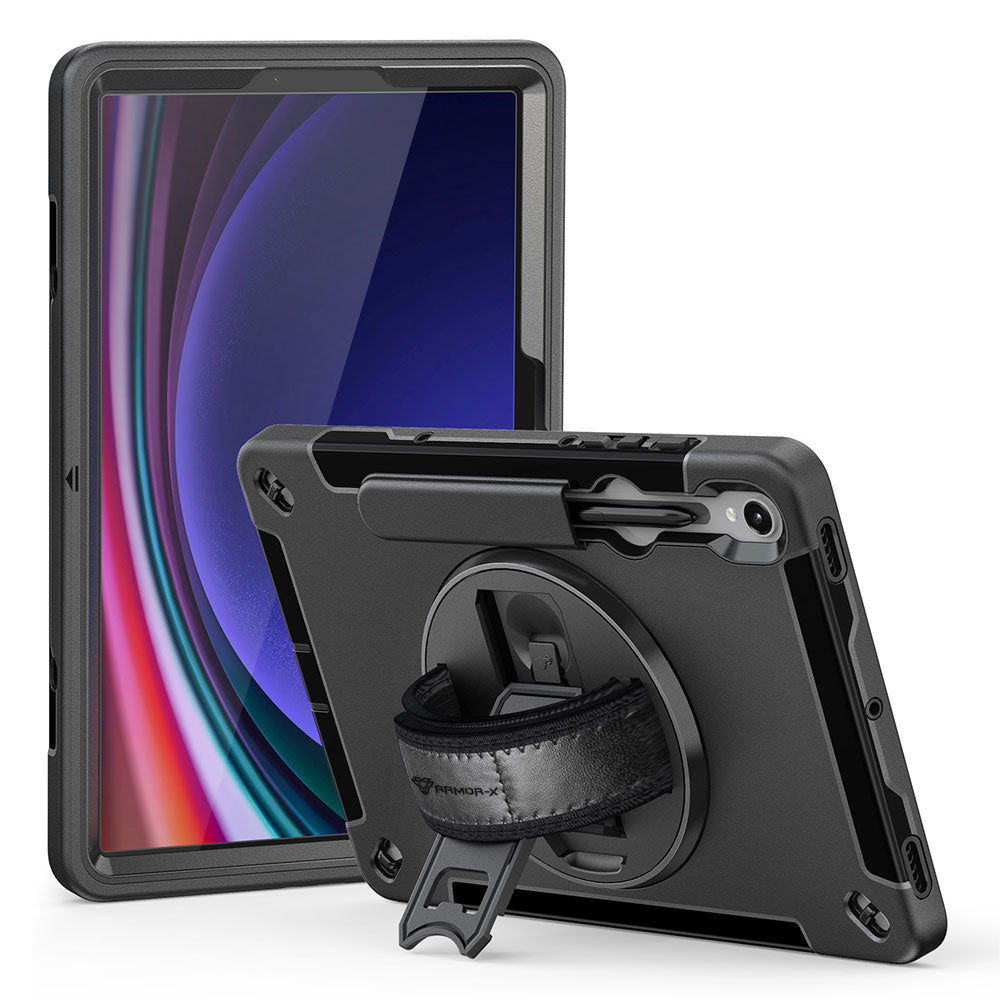 ARMOR-X Samsung Galaxy Tab S9 SM-X710 / X716 shockproof case, impact protection cover with hand strap and kick stand. One-handed design for your workplace.