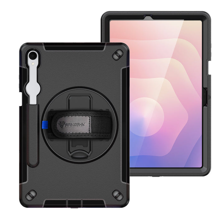 ARMOR-X Samsung Galaxy Tab S11 SM-X730 / X736 / X738 shockproof case, impact protection cover with hand strap and kick stand. One-handed design for your workplace.